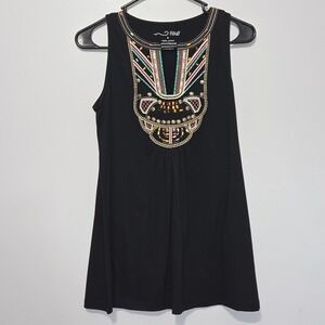 S#14 R&B Black Sleeveless Tank Top Boho Beaded Embellished V-Neck‎ Size S